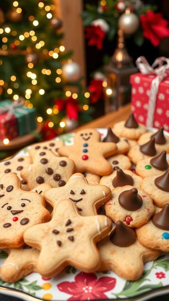 An assortment of holiday cookies including chocolate chip, gingerbread, and peanut butter blossoms on a festive platter, surrounded by holiday decorations.